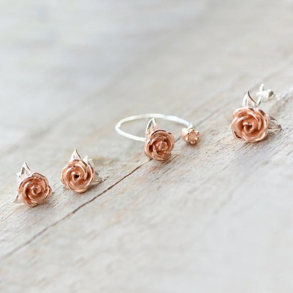 Rose Flower Earrings Rose Gold Flower Earrings Lovers Valentines day gift Her - Picture 10 of 12